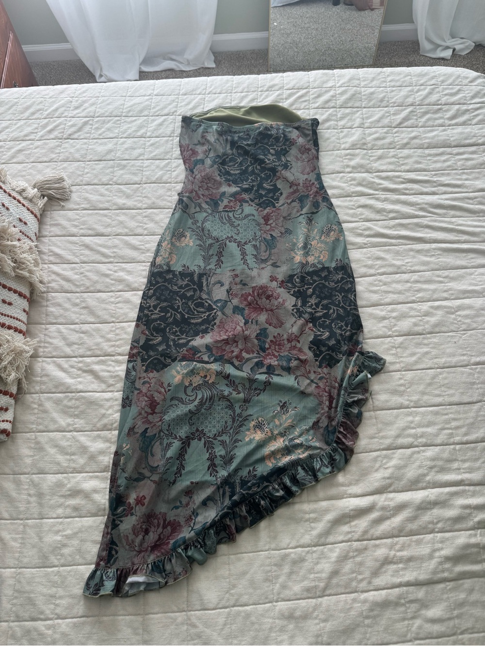 Cider Asymmetrical Floral Strapless Dress in Sage, Dusty Pink and Teal - Picture 2 of 2
